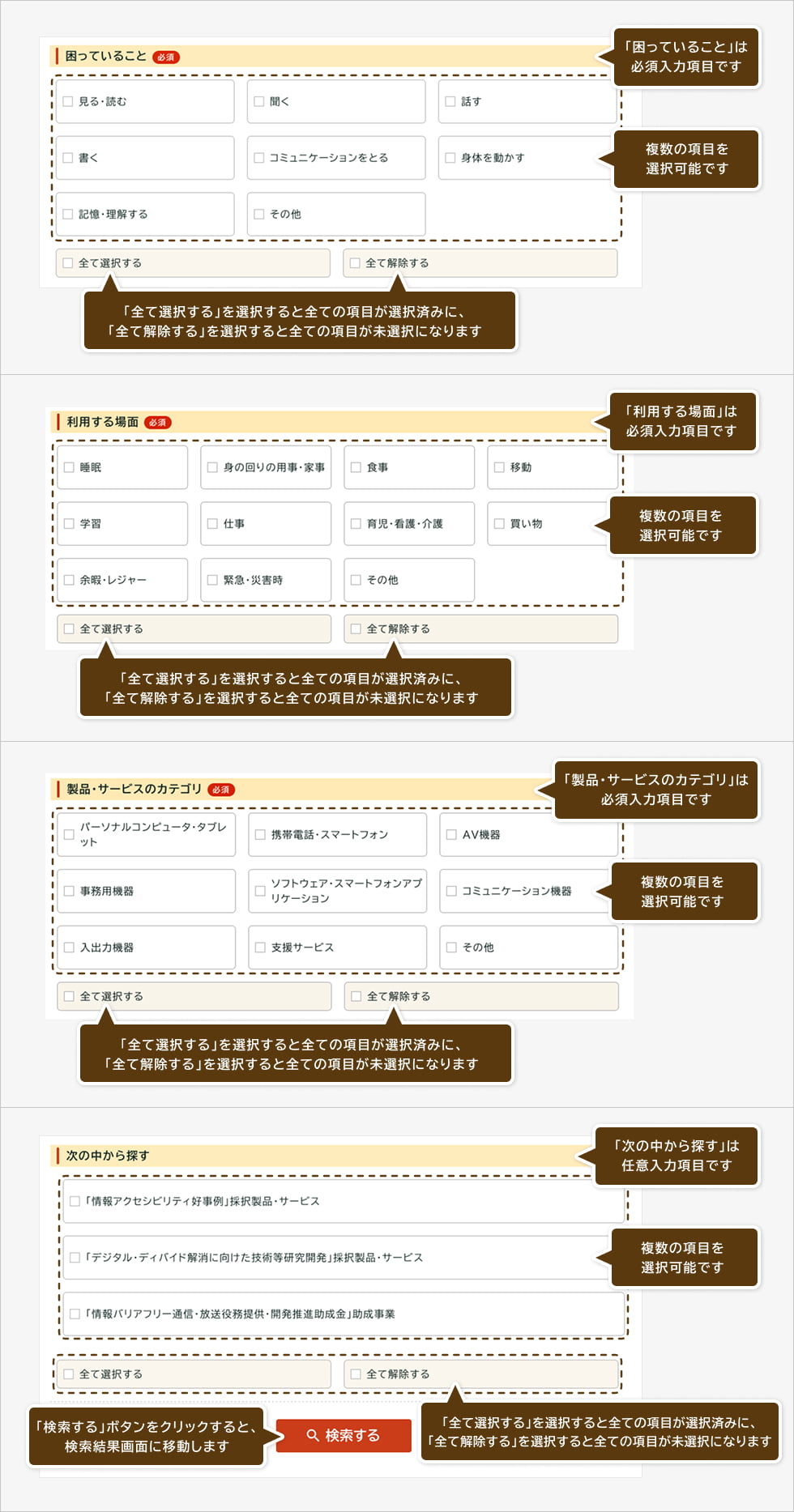 ニーズデータベース・配慮事例集の「カテゴリで検索する」の検索方法を図示